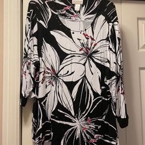 Black and white top with red accents